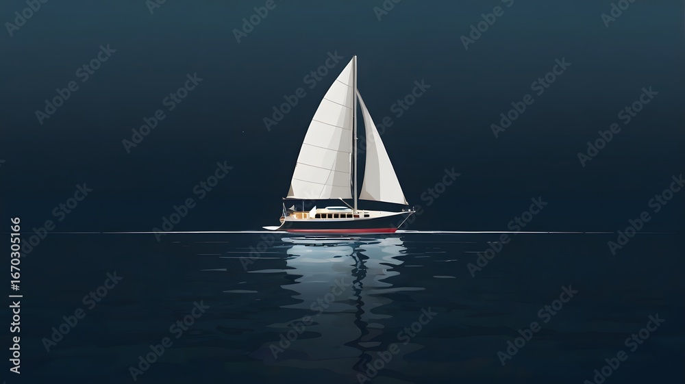 Fototapeta premium Sailboat with White Sails Gliding on Calm Dark Blue Ocean Under Clear Sky