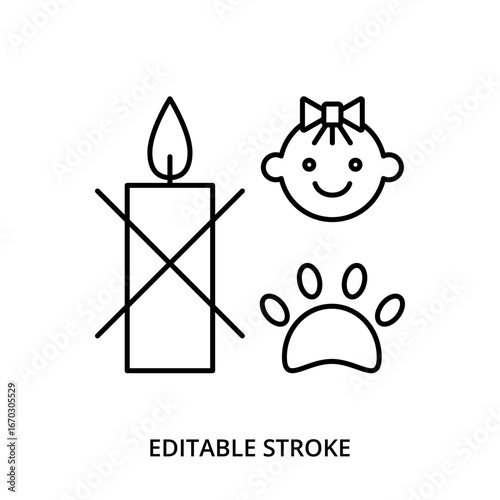 Keep away a burning candle from children and pets icon, editable stroke
