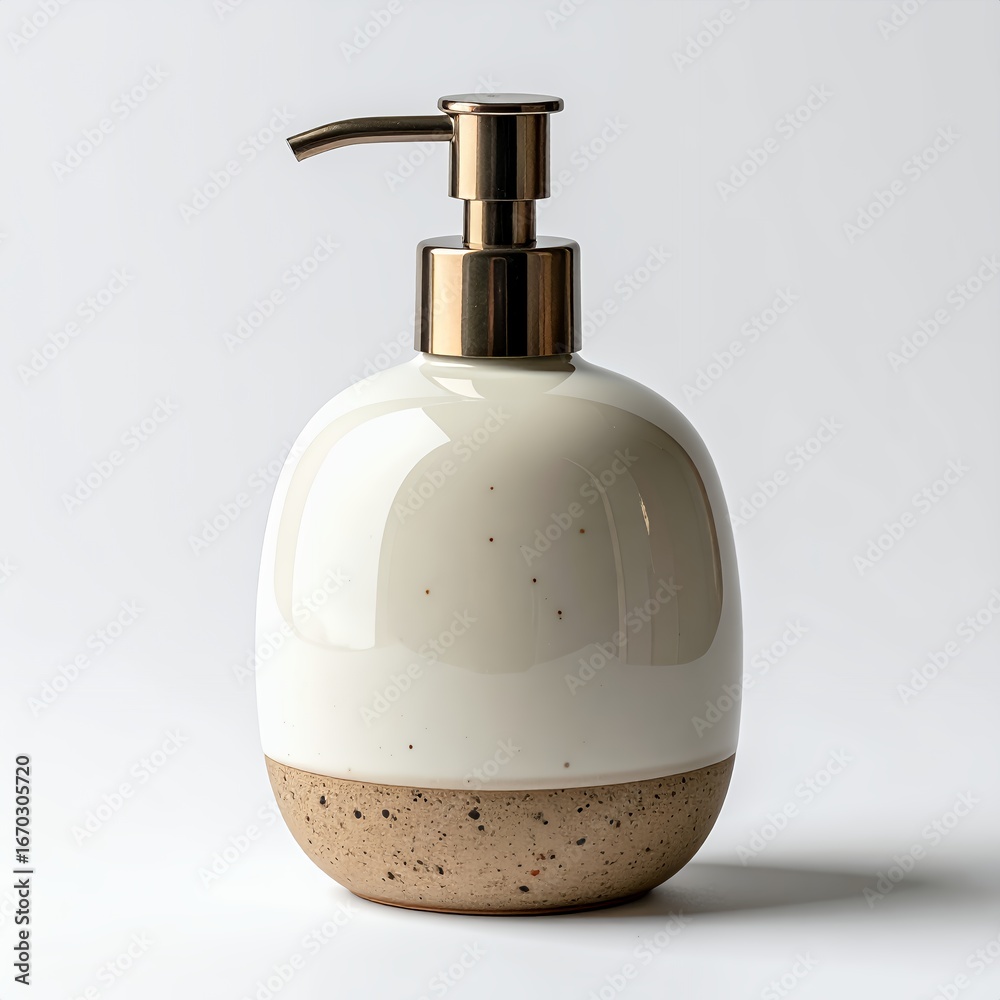 Fototapeta premium Elegant ceramic dispenser with brass pump creating a modern aesthetic on white background