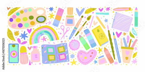 Cheerful Collection of Art Supplies and Crafting Tools in a Vibrant Palette stationery