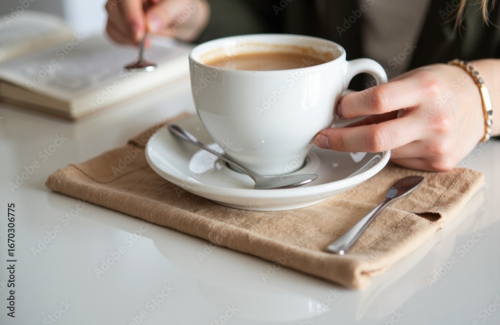 Woman holding a cup of coffee at a cafe with a spoon and napkin on a white table Woman holding a cup of coffee at a cafe with a spoon and napkin on a white table