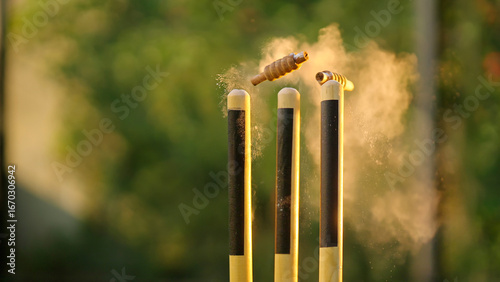 Принти на полотні Close up of cricket red ball flying off into air smashing stumps at high speed a