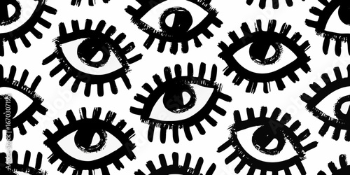 Black and white hand drawn eye pattern on white background eyes graphic