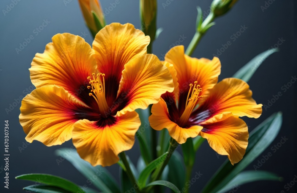 Naklejka premium Bright orange and yellow gladiolus flowers with green leaves against a dark background