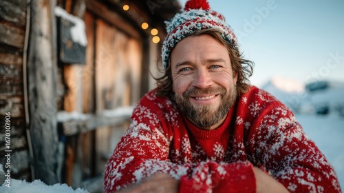 A joyful man sporting a colorful sweater and hat leans against a snowy cabin, embodying the warmth of the holiday spirit against a chilly winter landscape.