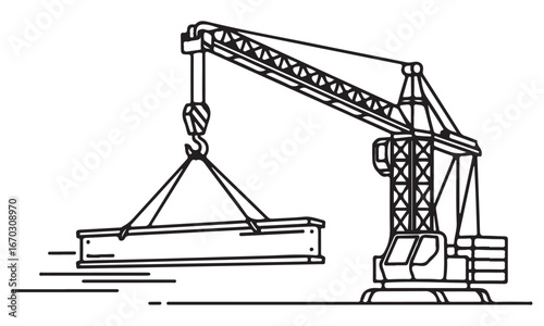 Illustration of a crane lifting a beam, black and white vector