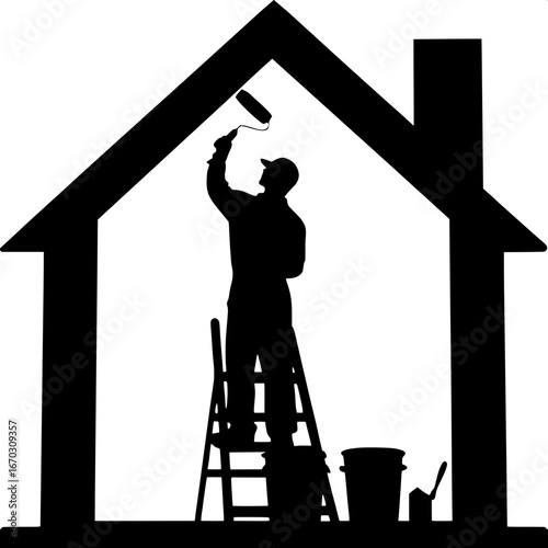 Simple graphic silhouette of a worker on stepladder painting house walls, symbolic house outline framing composition, clean professional look, grayscale palette, tools arranged around.