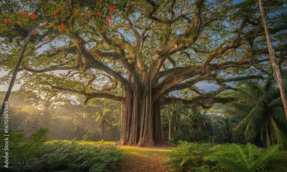 Naklejka premium Massive ancient tree in a lush, sunlit forest