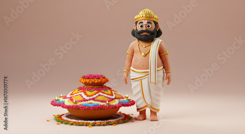 Onam celebration illustration featuring King Mahabali and floral arrangement with traditional elements