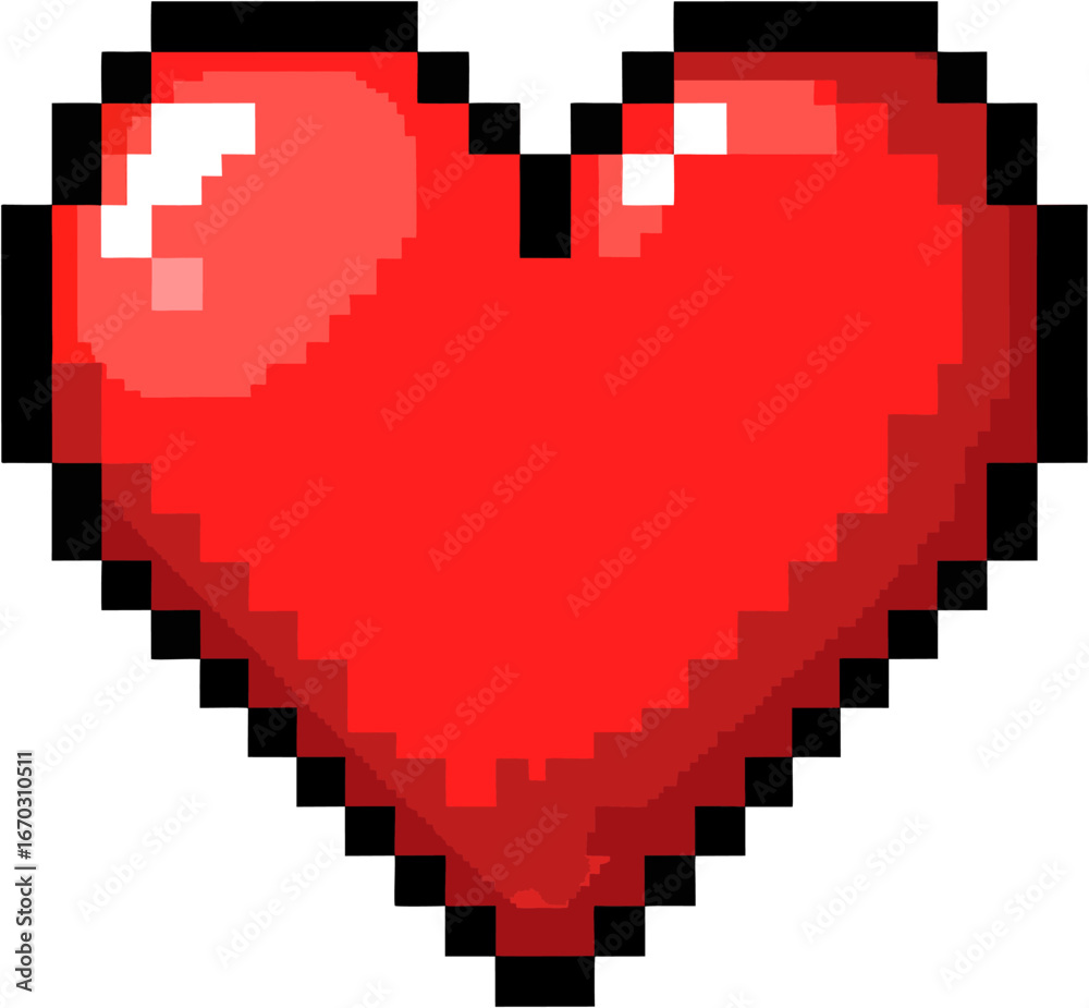 Fototapeta premium A pixelated red heart, reminiscent of retro video games, against a white background.