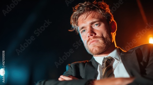 A man in a suit sits pensively with arms crossed, illuminated by dramatic lighting, capturing an introspective mood that resonates with the complexities of business life.