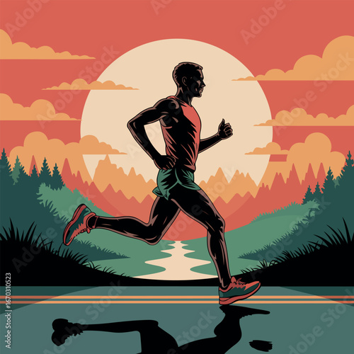 Silhouette of a man running with a sun backdrop vector illustration of a runner near mountains trees and reflecting in water