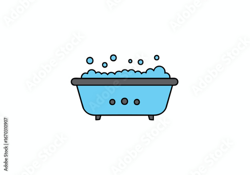 Illustration of a blue bathtub filled with bubbles and foam.