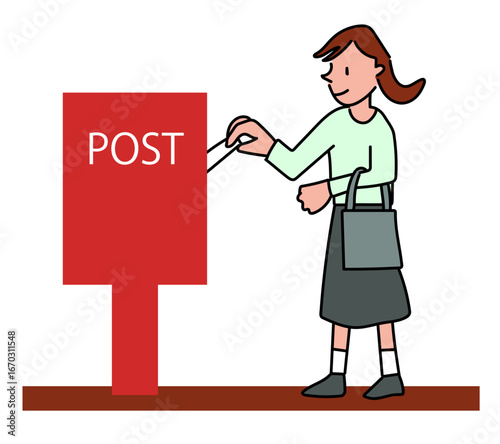 ポストに手紙を投函する女性のイラスト