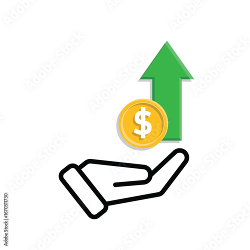 Money icon. Currency increase symbol. Hand with dollar coin and up arrow. paying, economy, money. Mixed design style.