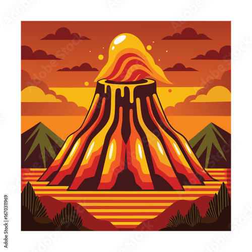 Sunset Volcano Eruption with Lava and Landscape magma