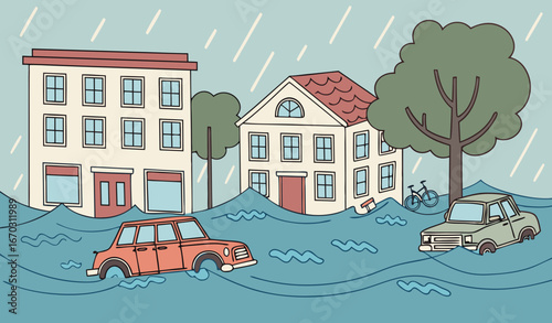 Catastrophic flood damaging city vector illustration. Flooded streets, downpours destroying buildings, cars, bikes, motorbikes, land cruser and trees, high level of water. Climate change, natural disa