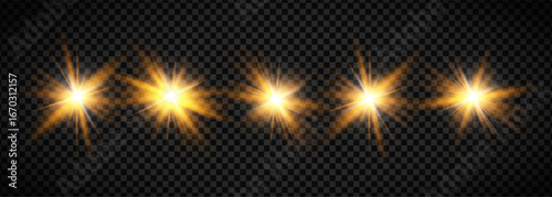 Sun flare effect with transparent sunshine rays and golden glow halos. Bright sparkle bursts or lens glare patterns for summer backgrounds. Abstract sunbeam explosions or magic glitter elements.