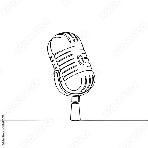 microphone with flower, aesthetic continuous one line art, vector illustration, isolated on white background