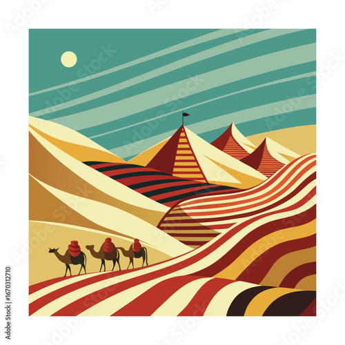 Egyptian desert scene with pyramids and camels sand dunes