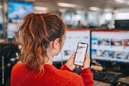 Cinematic photo of a person using smartphone to browse social media advertising at an office desk with multiple computer screens showing digital marketing materials