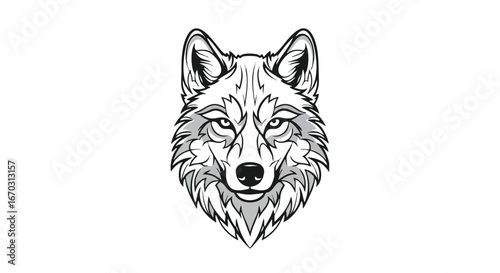 Detailed black and white illustration of a wolf's head, showcasing its intense gaze and intricate fur patterns.
