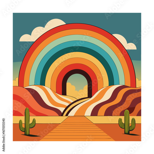 Retro Desert Landscape with Rainbow Archway vector