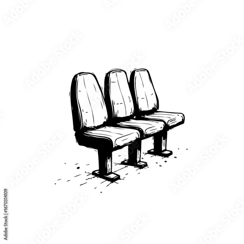 A monochromatic sketch of three unoccupied seats evokes a sense of waiting and quiet anticipation