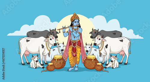Lord Krishna Playing Flute With Cows and Pots of Butter