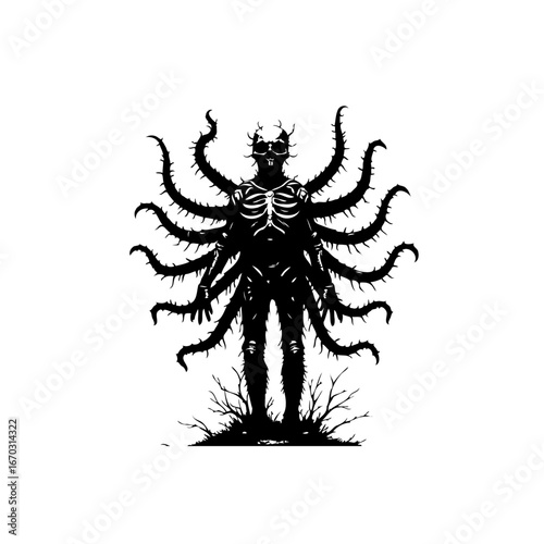 Abstract embodiment of shadowy figure with surreal tentacles and organic skeletal design creates