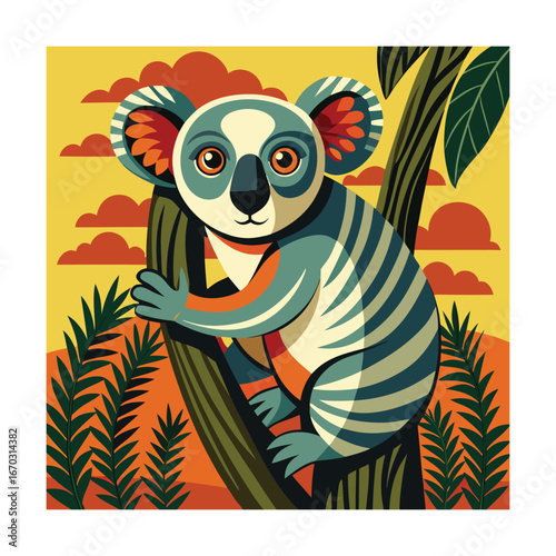 Stylized koala sitting on a tree branch with colorful patterns
