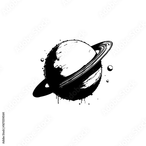 Abstract saturn graphic with ink spatter effect evokes cosmic beauty and artistic expression for