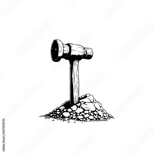 Artisanal forge tool resting atop a mound evokes craftsmanship and elemental transformation