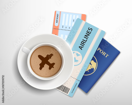 Airline tickets with passport near cup of coffee. Vector illustration