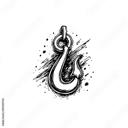 Artistic rendition showcases a detailed fishing hook in monochrome artistry capturing themes of