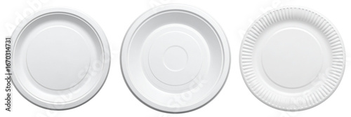 Three White Paper Plates Displayed Against Transparent Background