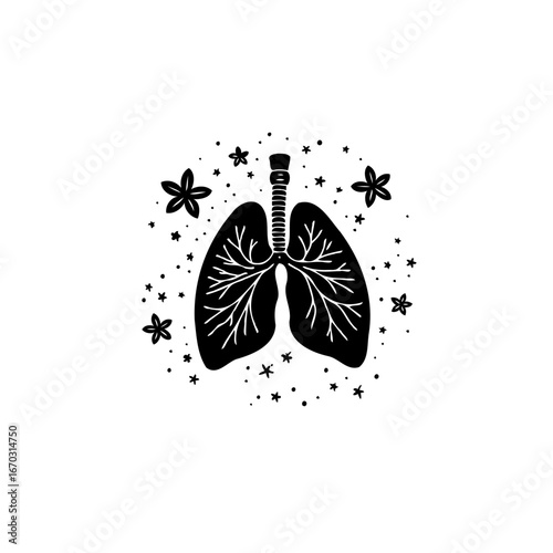 Artistic lung illustration promoting respiratory wellness with floral and astral decorative