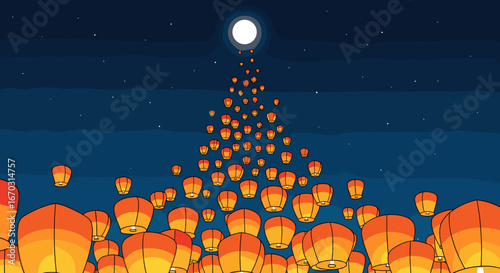 A breathtaking display of floating lanterns illuminating the night sky