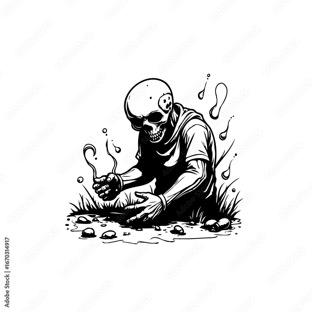 Obraz premium Brooding skeletal figure contemplating the ephemeral nature of existence in black and white