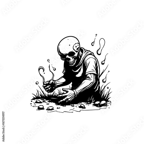 Brooding skeletal figure contemplating the ephemeral nature of existence in black and white