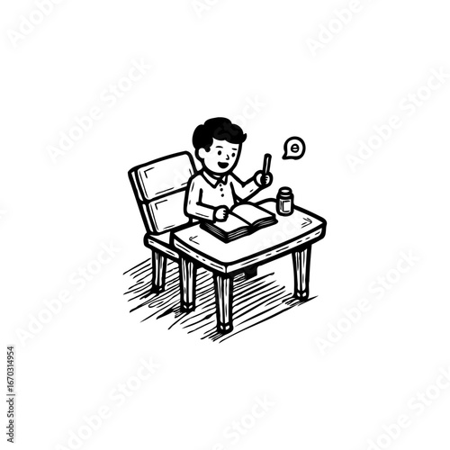 Captivating illustration of a young student studying at a wooden desk with thoughtful facial