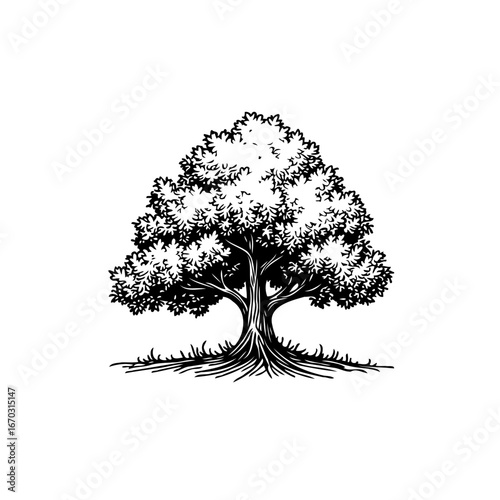 Classic tree illustration showing foliage design with sturdy trunk and root system forming vector