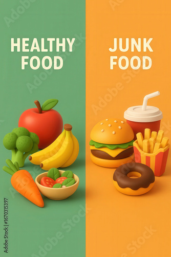 3D illustration comparing healthy food like fruits and vegetables with junk food like burger, fries, donut and soda. Concept of nutrition, lifestyle and diet choices
