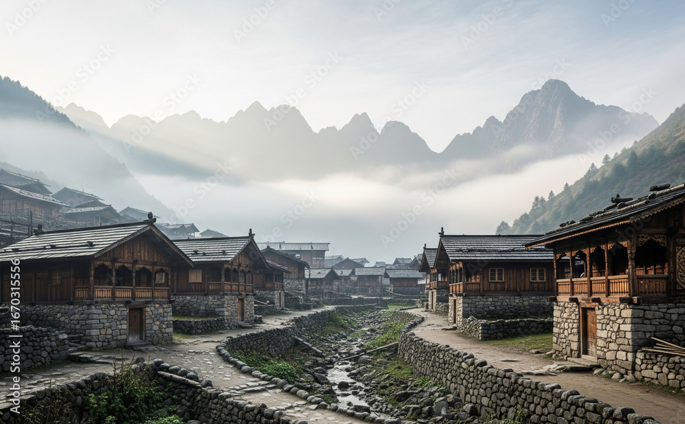 Obraz premium Hidden Mountain Village With Misty Atmosphere