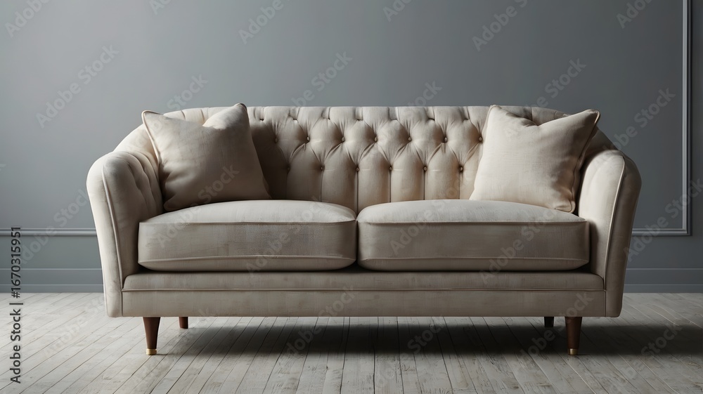 Fototapeta premium Beige Upholstered Sofa with Cushions in Modern Living Room