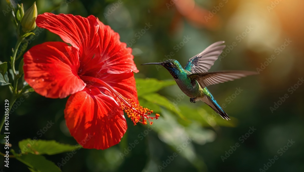 Naklejka premium Shimmering hummingbird hovers beside red hibiscus bloom in tropical sunlight