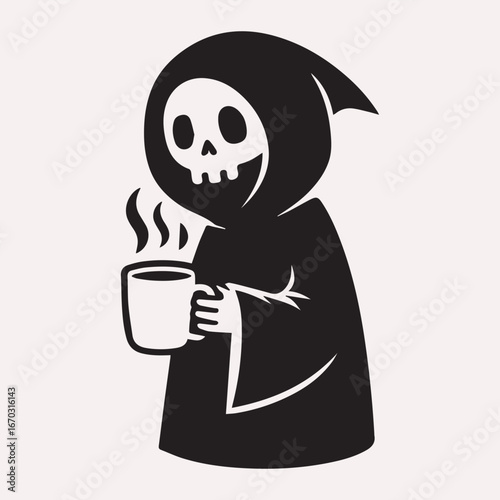 Grim Reaper holding a steaming coffee mug skull