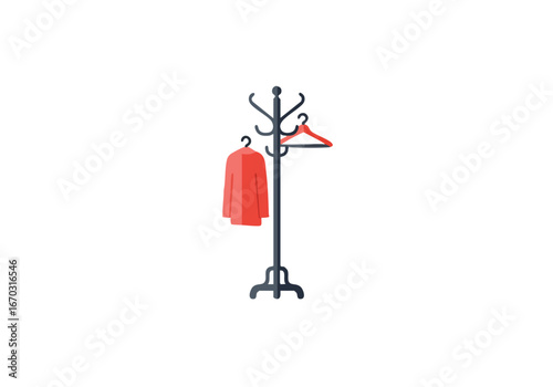 Coat rack with clothes on hangers, isolated on white background.