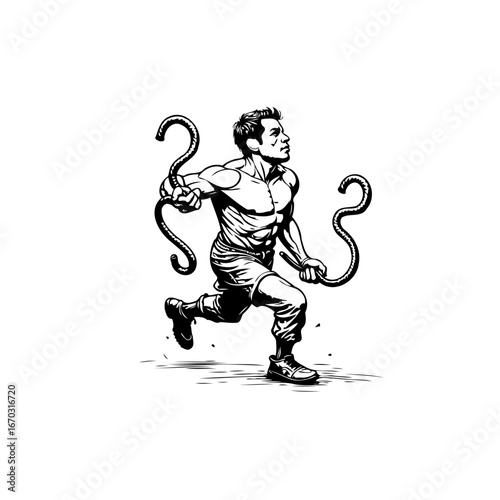 Energetic man running carrying unusual equipment showcasing athleticism determination and pushing
