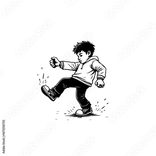Energetic boy kicks with glee releasing sparkles in a joyful childhood moment illustration